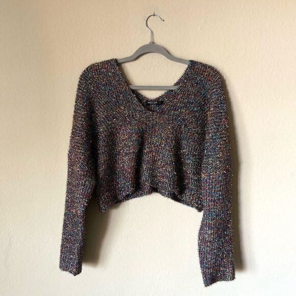 Nasty Gal Tinsel Time Pink Multicolor Sweater Crop V Neck  Size M - Picture 7 of 11